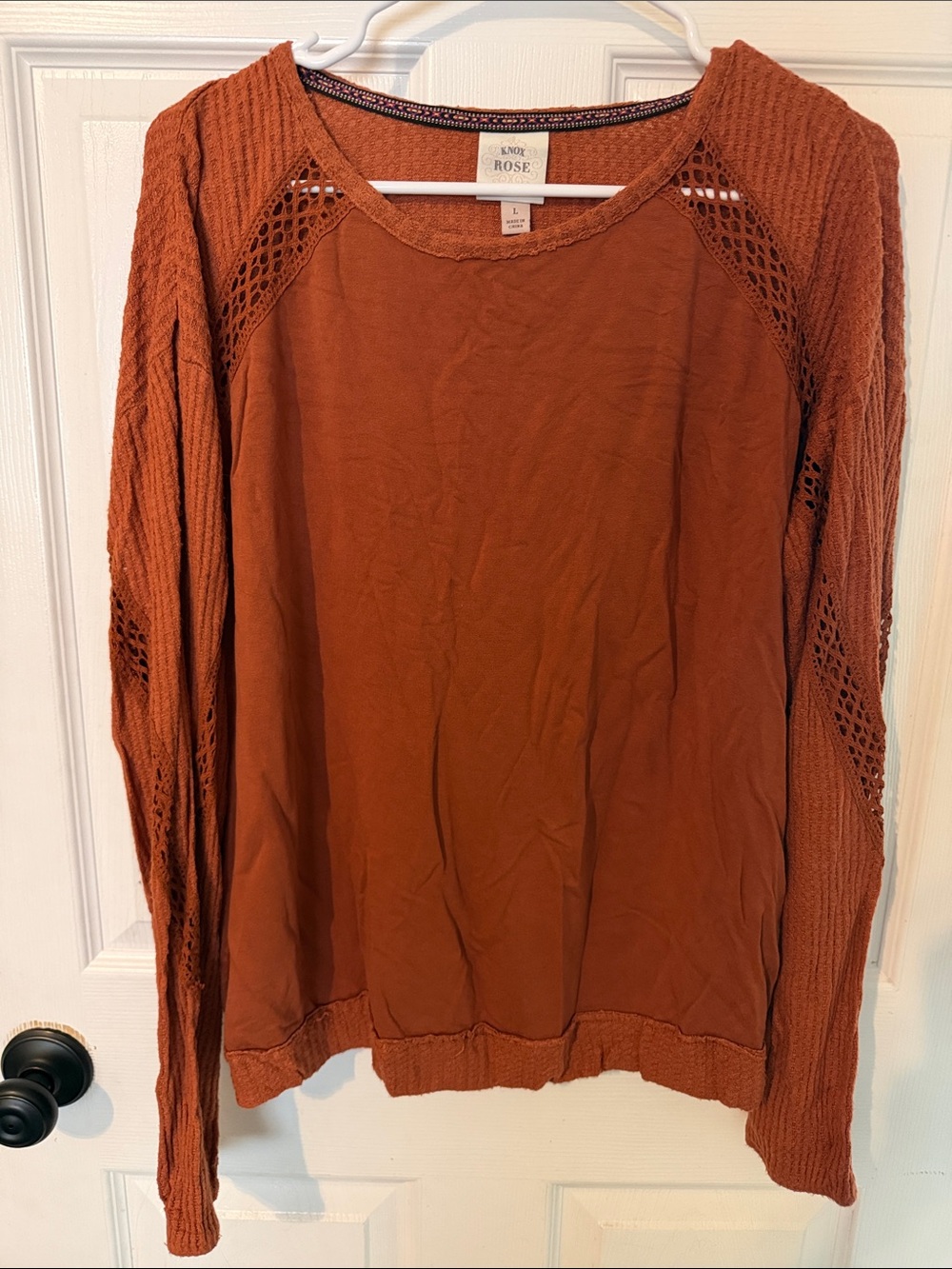 Knox Rose Burnt Orange Open-Knit Sleeve Pullover